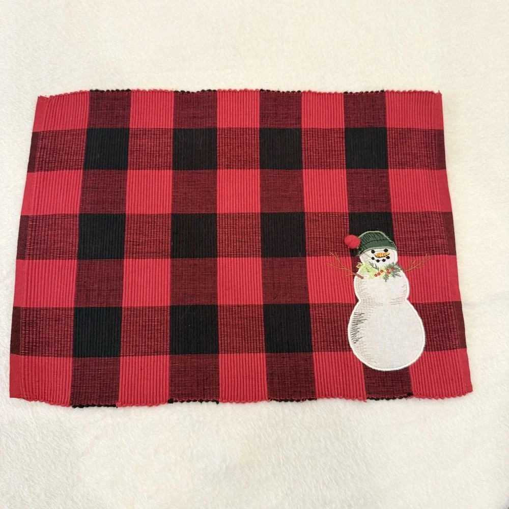 4 St. Nicholas Square Buffalo Plaid‎ Snowman Embroidered Placemats Puffball Set